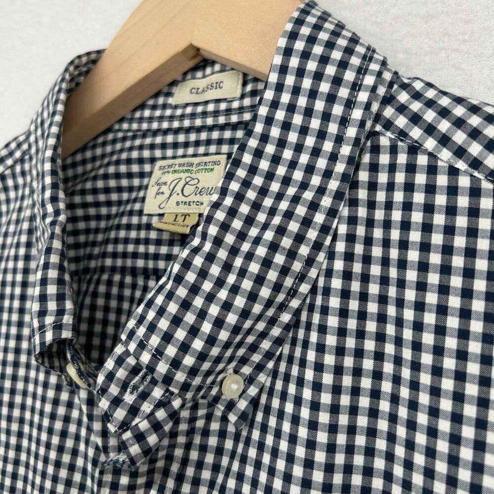 J.CREW Shirt Men LT Tall Gingham Secret Wash Classic Stretch Organic Cotton Blue